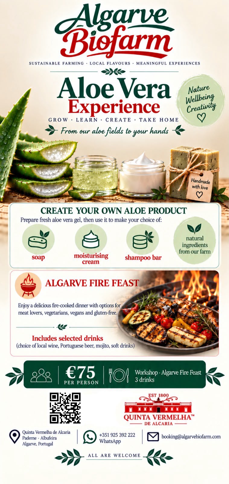 Aloe Vera Experience poster — full details of the experience, €75 per person