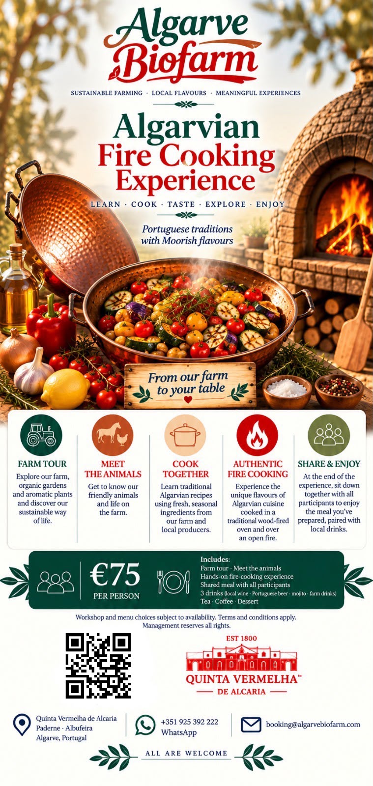 Algarvian Fire Cooking Experience poster — full details of the experience, €75 per person