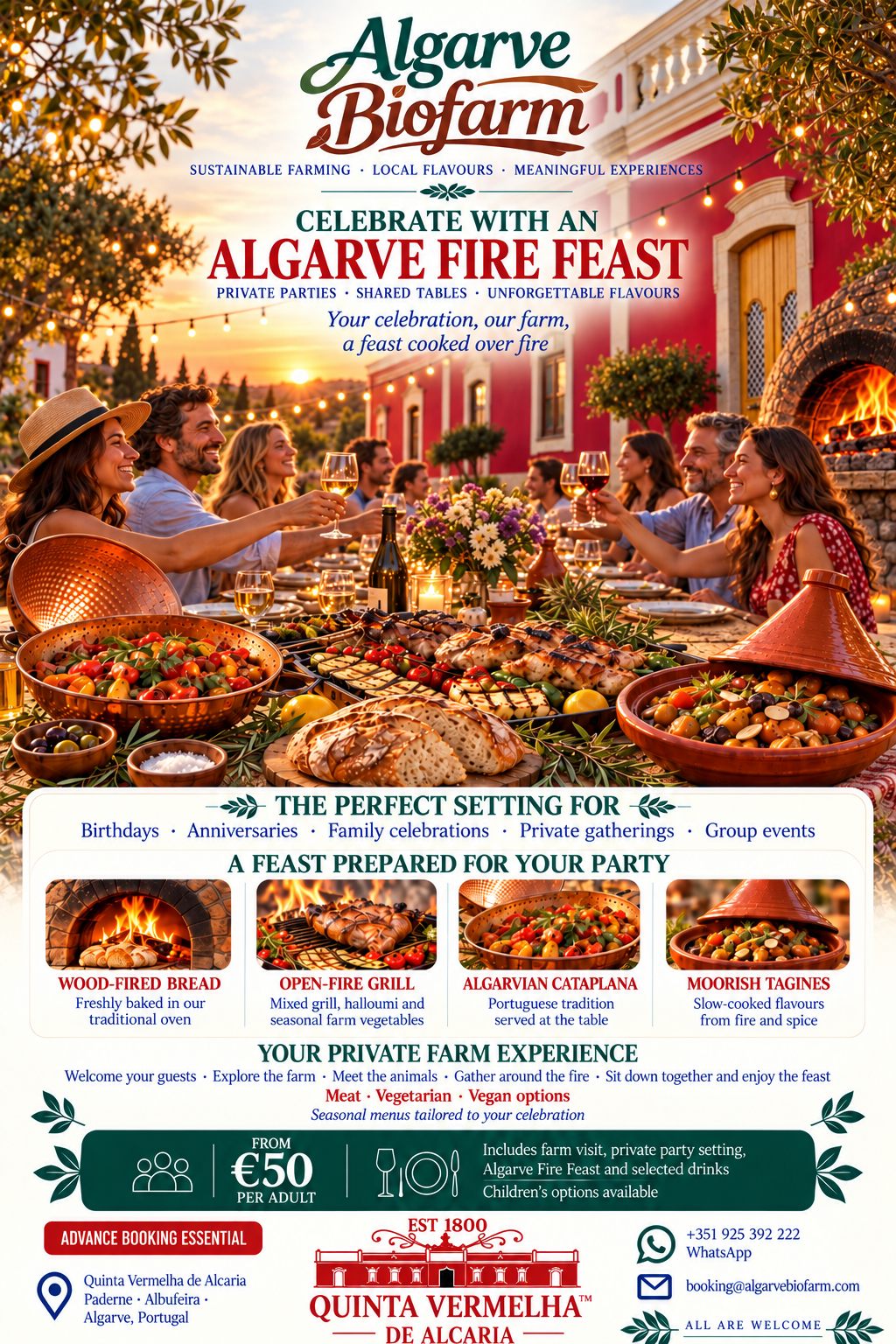Algarve Fire Feast poster — private party celebrations from €50 per adult